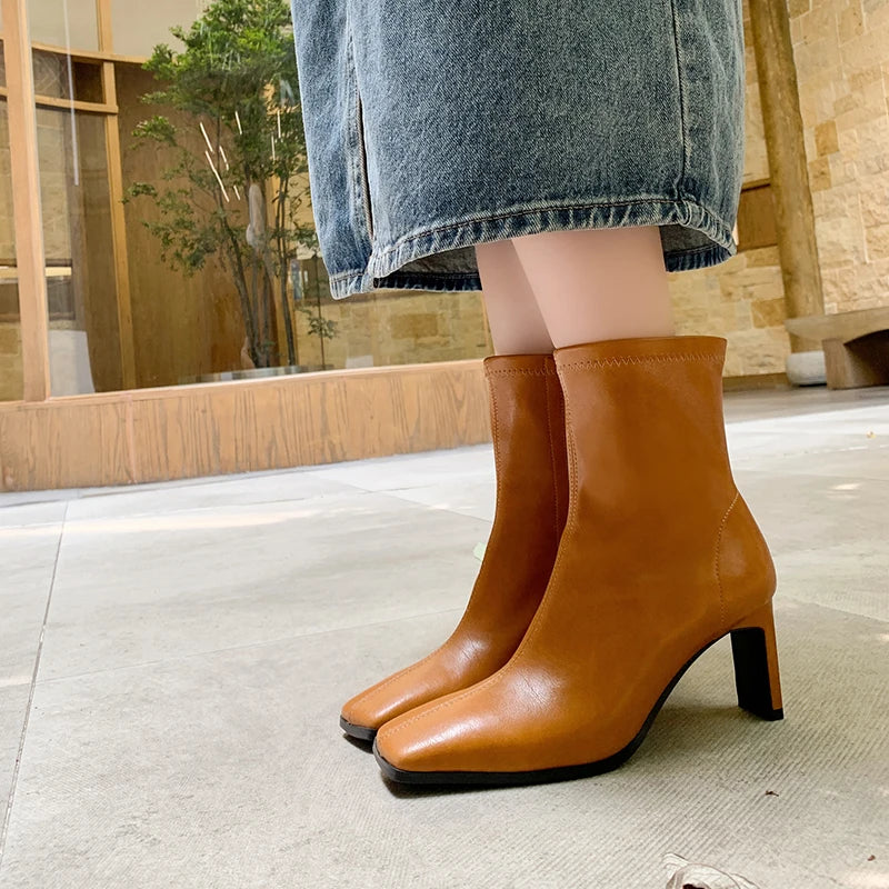 JOZHAMTA Size 34-40 Real Leather Ankle Boots For Women Stone Block High Heels Shoes Winter 2025  Fashion Office Lady Dress