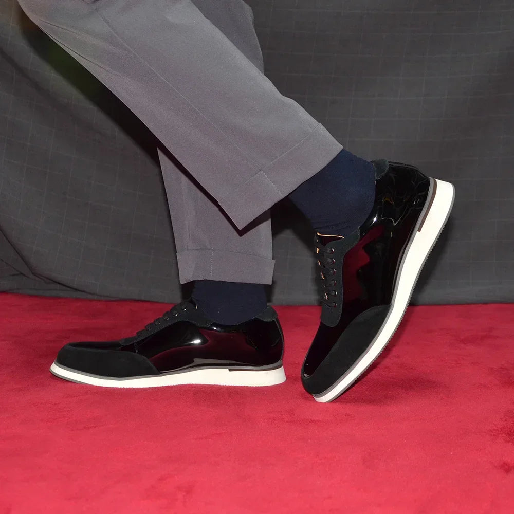British Style Men's Oxford Sneakers Black Patent Leather with Cow Suede Lace-up Flat Winter Casual Business Office Shoes for Men