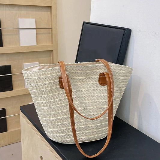 Women Braided Basket Clutches Top-handle Bag Large Straw Portable Shoulder Bag Summer Beach Party Purses Shopper Satchel Female