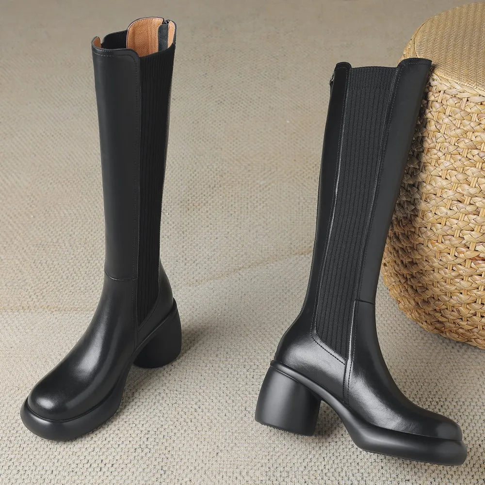 Women's genuine leather stretch knit patchwork back zip autumn knee high boots round toe casual female long boots shoes women 40