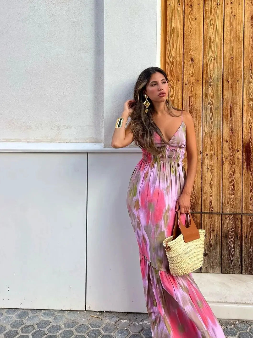 Fashion Printed Elastic Waist Backless Dress Women Lace Up Vintage Straps V-Neck Midi Dresses Female Vacation Chic Beach Dresses