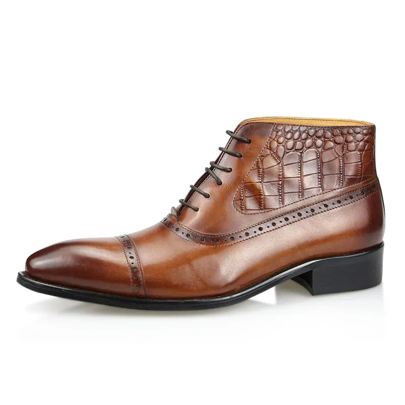 Fashion High Ankle Boots For Men Genuine Leather Luxury Printing Business Dress Shoe Pointed Toe Retro Classic Brown Male's Boot