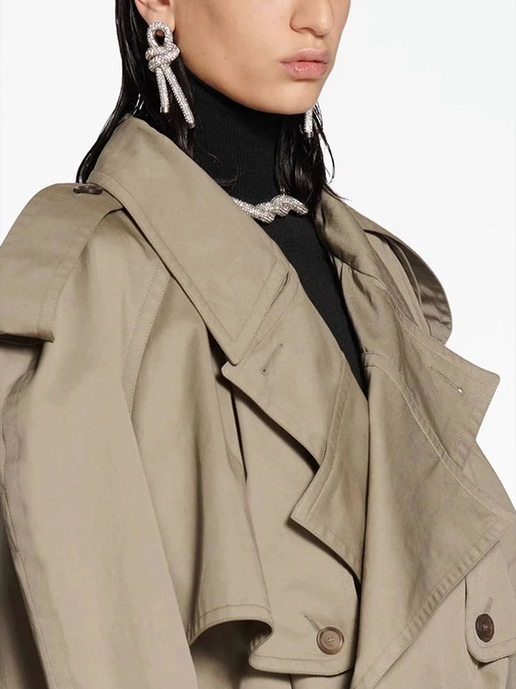 DEAT Fashion Women Cotton Trench Coat Lapel Raglan Sleeve Double Breasted Solid Color Short Windbreaker Autumn 2025 New 7AB1302