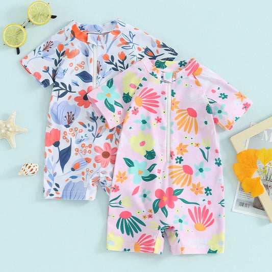 VISgogo Toddler Girls Rash Guard Swimsuit Rompers Zipper Short Sleeve Floral Print Kids Bathing Suit Baby Swimwear