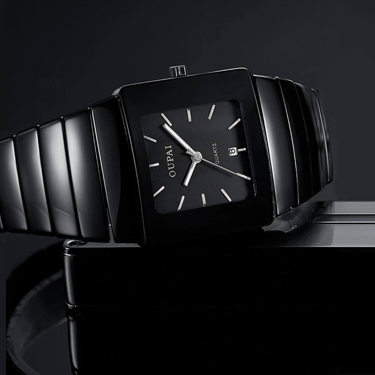 Oupai rectangular black ceramic quartz watch tonneau type watch luminous business simple luxury watch men