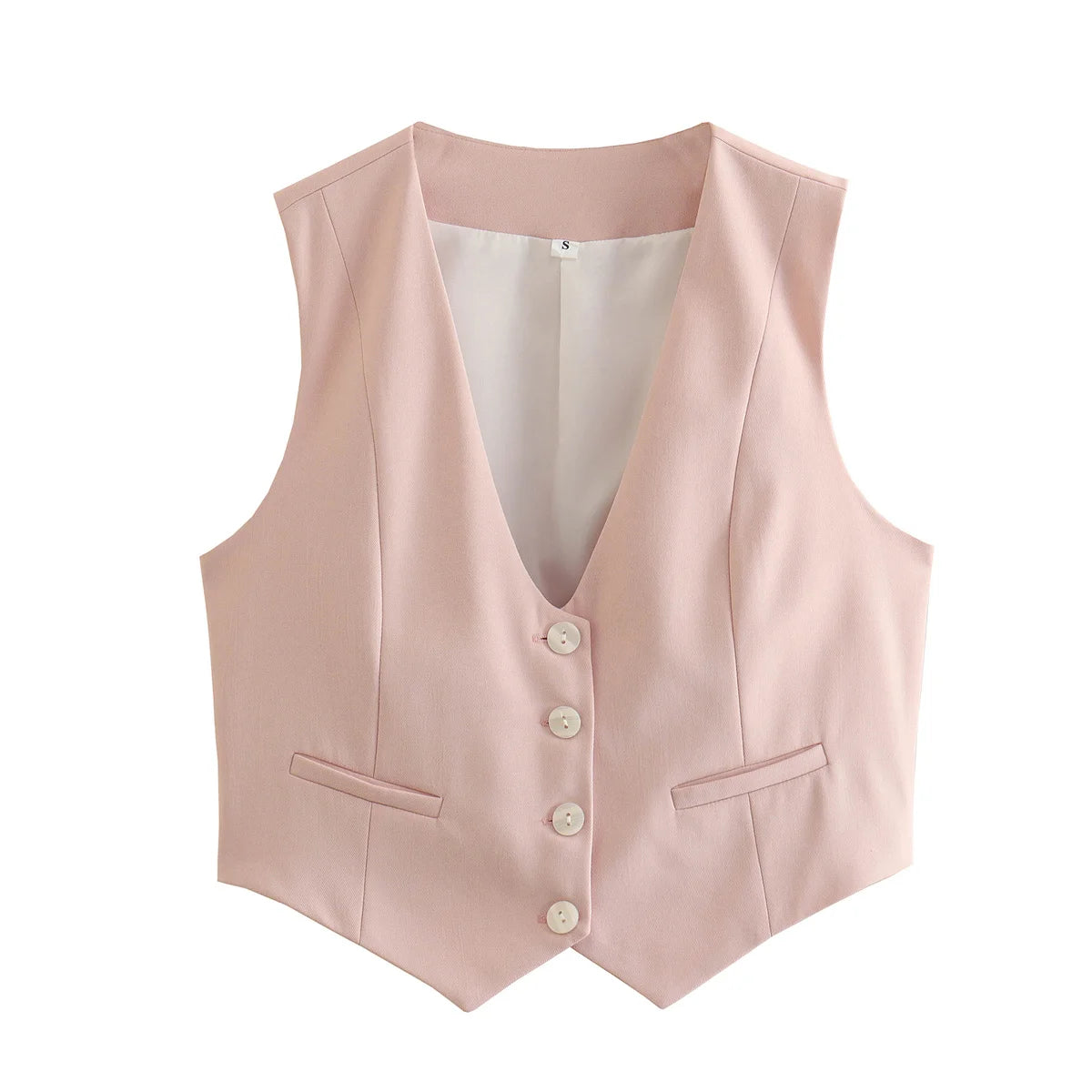 TRAFZA Women Fashion Front Buttons Vest Cropped Waistcoat Vintage V Neck Sleeveless Vests Female Outerwear Chic Tops