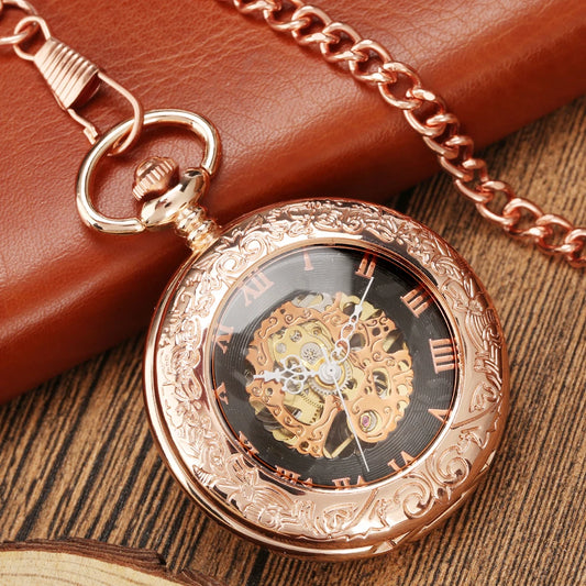 Rose Gold Mechanical Hand Winding Pocket Watch Fob Chain Pocket Clock Antique Style Timepiece Gift for Men Roman Numerals Dial