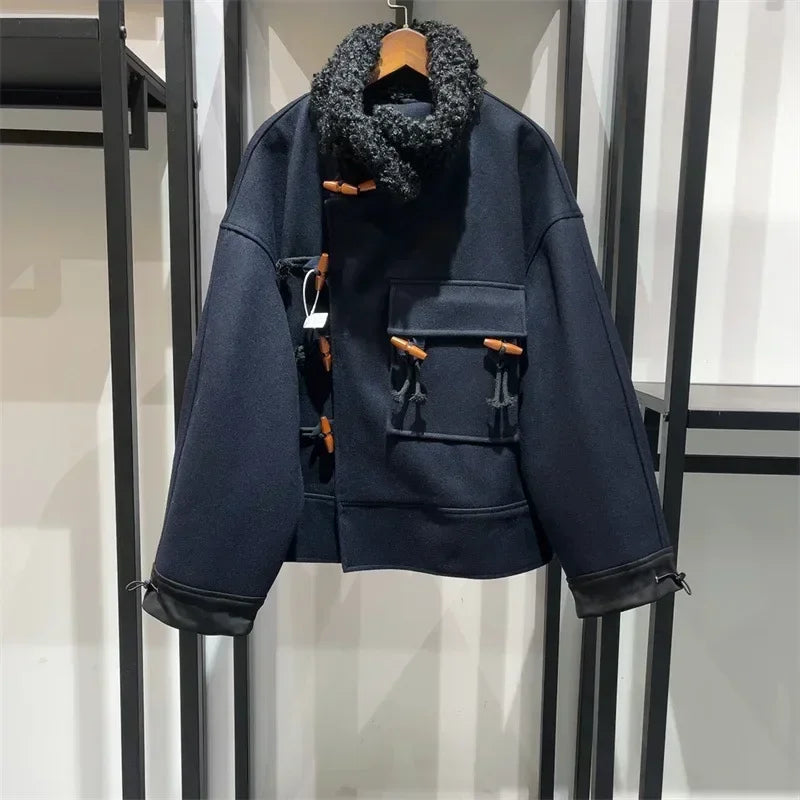 2023 New Autumn and Winter Women Fashion Furry Collar Horn Button Woolen Coat Thick Jacket Style Coat