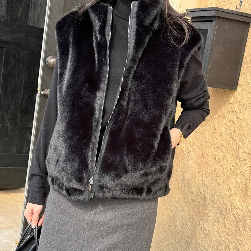 Women Korean Style Mink Fur Reversible Vest Coats Autumn Winter High-end Stand Collar Thick Warm Loose Casual Zipper Waistcoat