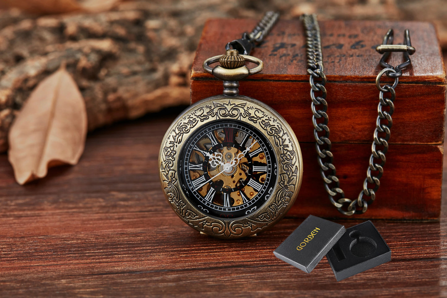 Unique Wood Circel Gear Dial Bronze Antique Mechanical Pocket Watch Men Vintage Engraved Fob Hand Wind Steampunk Watch Women