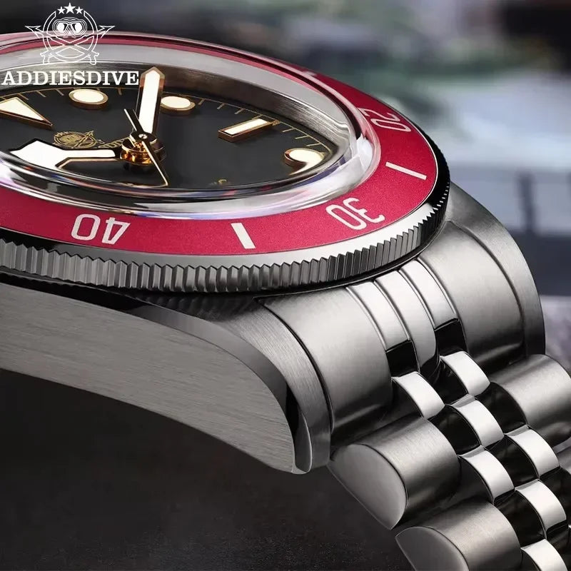 ADDIESDIVE AD2043 Men's Watch Luxury Black Dial Red Bezel BGW9 Luminous 200M Waterproof NH35 Movement Automatic Mechanical Watch