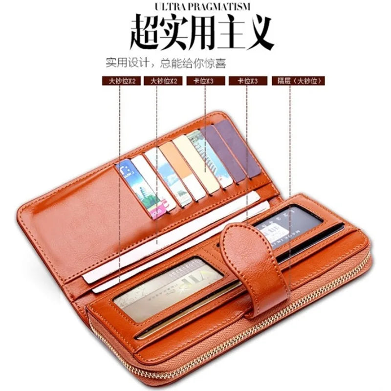 Hot selling women wallet korean American  style oil wax wallets zipper note clip women card package mobile phone women clutch