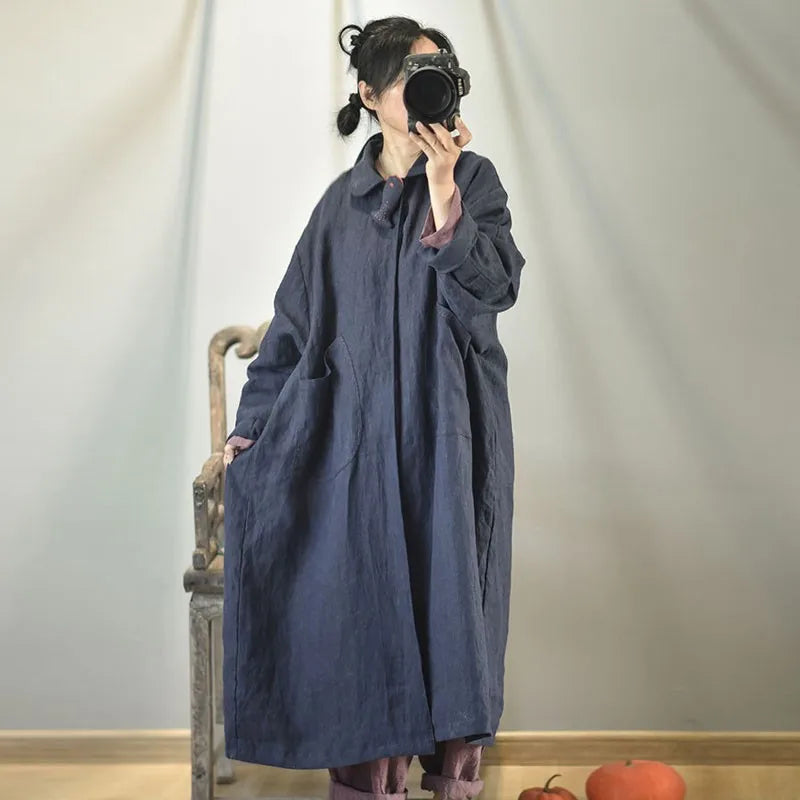 Johnature Cotton Linen Loose  Buttonless Cardigan Windbreaker 2025 Autumn Winter New Retro Patchwork Pocket Women Coat