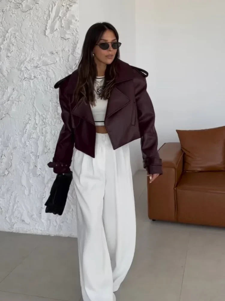 Women's Red Pu Leather Burgundy Solid Lapel Cropped Jacket Female Pockets Long Sleeves Short Coat 2024 Lady Autumn Streetwear