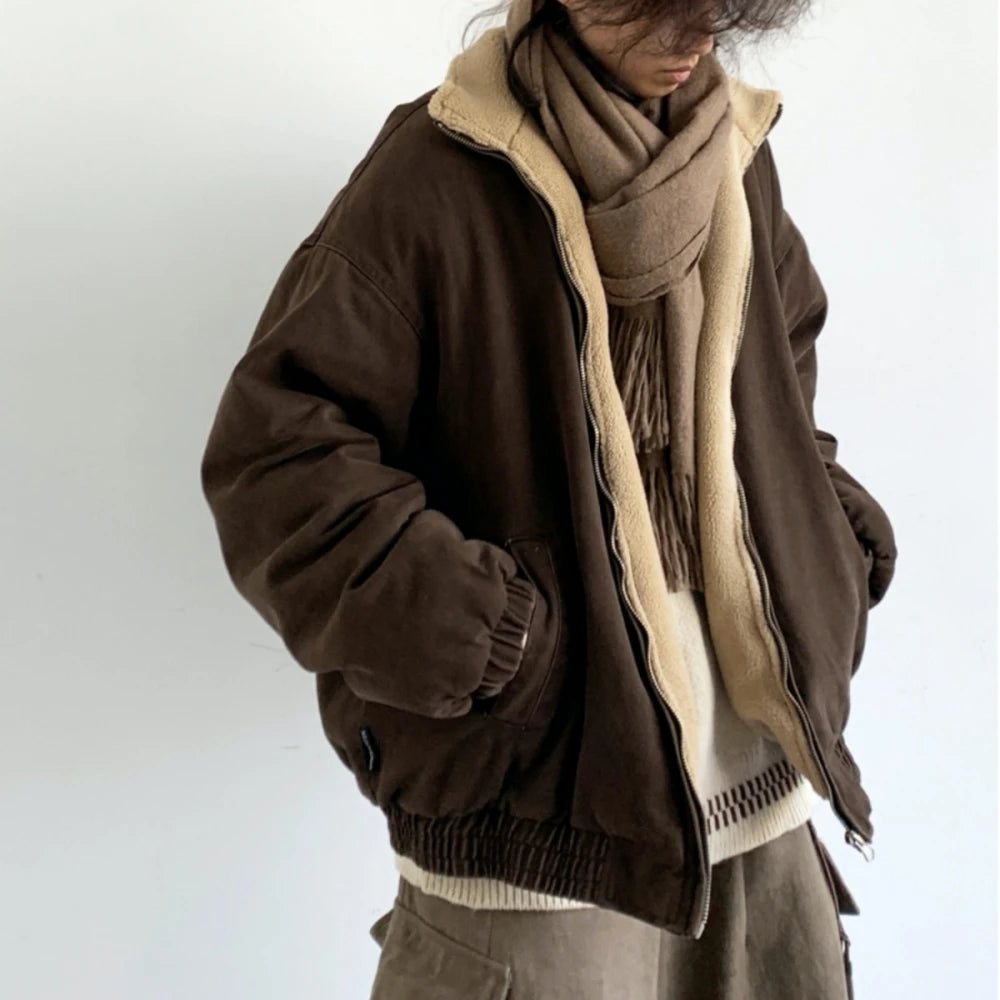 Autumn Winter American Lamb Wool Jacket Men Women Japanese Fashion Vintage Stand Collar Thick Coat Couple Trendy Jacket Unisex
