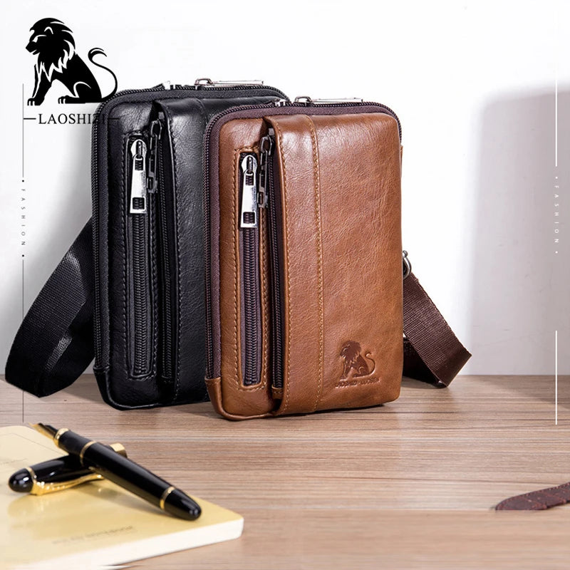 LAOSHIZI Genuine Leather Men Shoulder Crossbody Bags Small Handbags For Male Waist Pack Messenger Flap Phone Clutch Purse JYN005