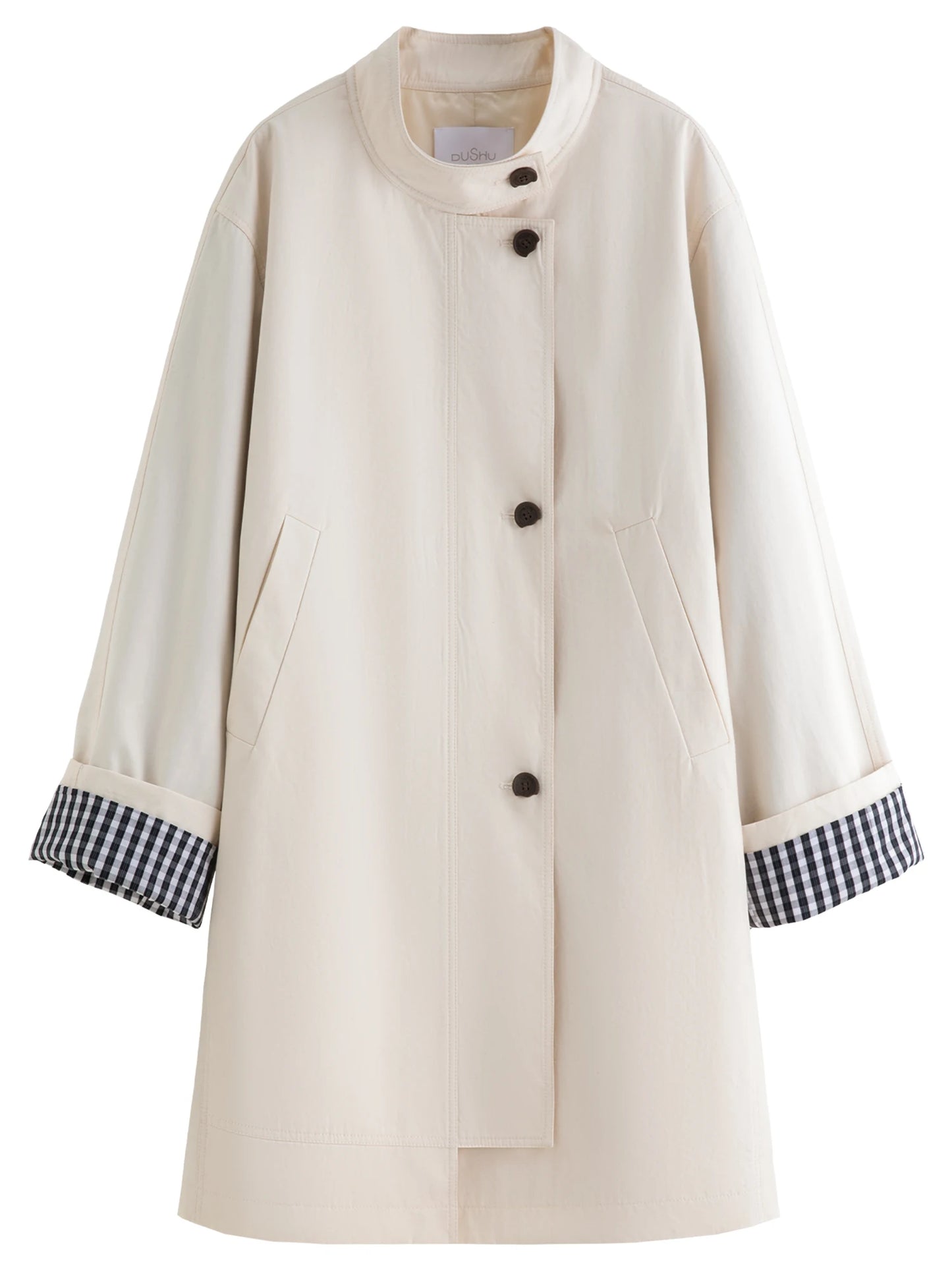 DUSHU Autumn 2025 Women's Stand Collar Trench Coat - Relaxed Fit Plaid Patchwork Loose Outerwear Casual Windbreaker Top