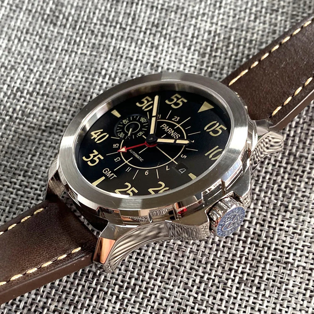 PARNIS GMT Pilot Vintage Automatic Watch for Men 316L Stainless Steel Leather Band Glass Back ST2557 Movement Sports Watches