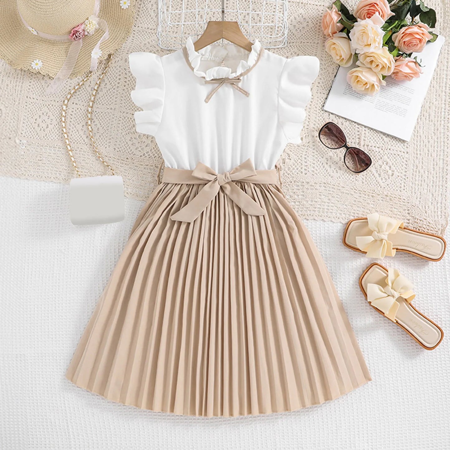 First Birthday Dresses Kids Children Girls Summer Sleeveless Patchwork Color Dress With Belt Casual Dress Baby Girl Floral Dress