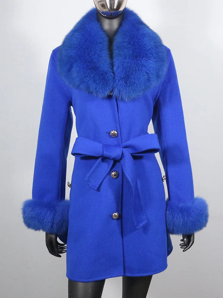 2022 Winter Jacket Women Real Fur Coat Natural Fox Fur Collar Cuffs Belt Cashmere Wool Woolen Warm Outerwear Fashion Streetwear
