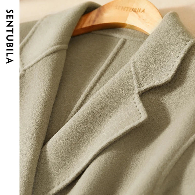 SENTUBILA 100% Woolen Long Coat For Women 2025 Winter Thick Straight Belted Mid-length Warm High Quality Outerwear W44O56770X