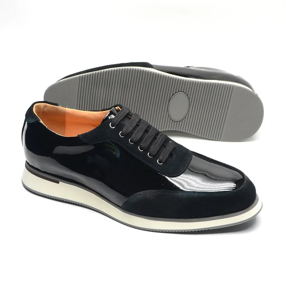 British Style Men's Oxford Sneakers Black Patent Leather with Cow Suede Lace-up Flat Winter Casual Business Office Shoes for Men