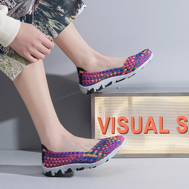 Women's Summer Handmade Woven Sneakers Flat Bottomed Lightweight Breathable Trendy Casual Shoes with Soft Soles Lazy Shoes 2025