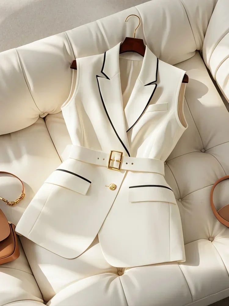 French Elegant Fashion White Suit Vest Women Clothing Summer New High Waist Elegant Slimming Sleeveless Coat Office Lady Clothes