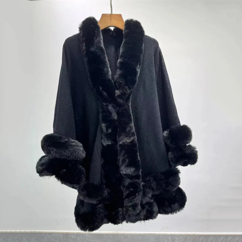 Women's Thick Warm Cashmere Poncho Capes, 2 Circle Faux Fur Collar, Big Pendulum Shawl, Overcoat Loose Cloak, Winter