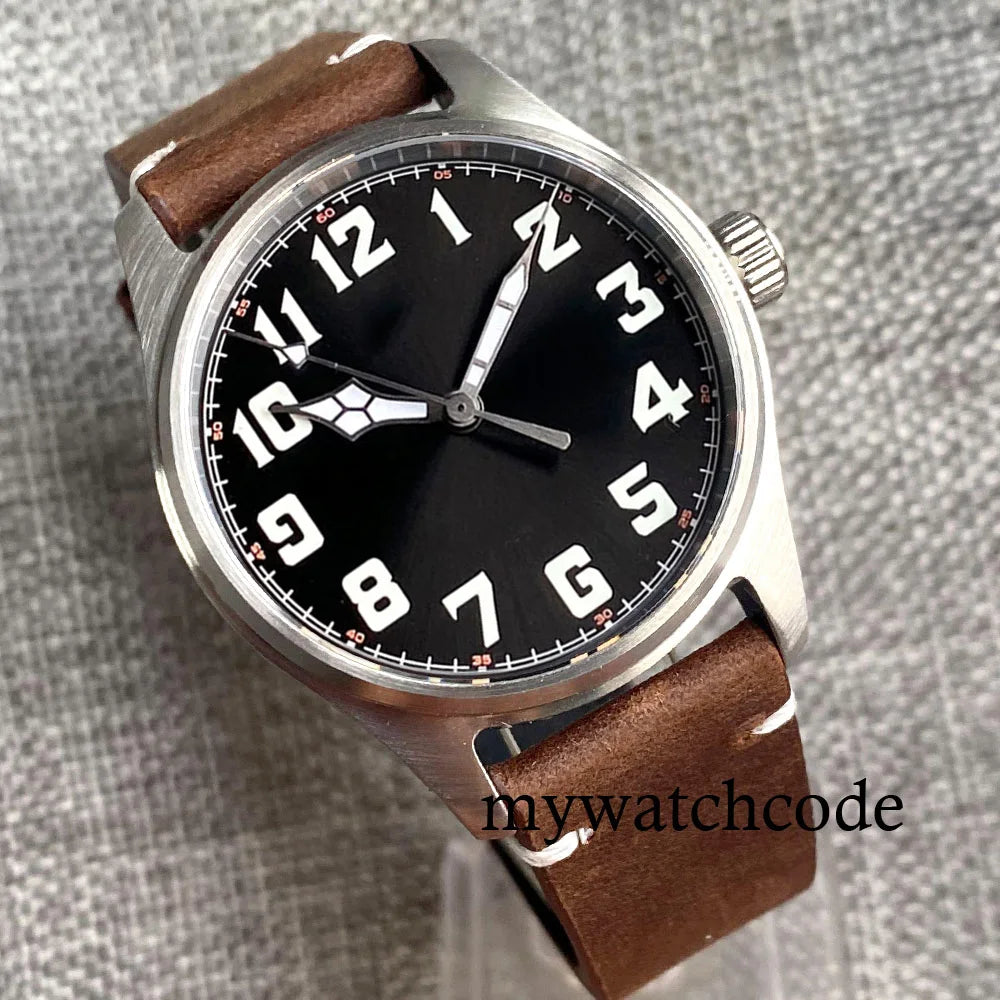 Waterproof Vintage Pilot Watch Tandorio Black NH35 Mechanical Clock Men Arabic Numerals 39mm Sport Clock Reloj Hombre Big Crown