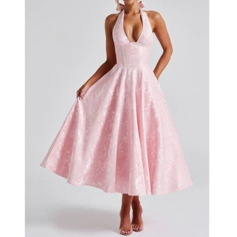 Deeptown Elegant Evening Party Dresses for Women Halter V-neck Pleated Long Dress Sexy Backless Prom Gown Summer Red Midi Dress