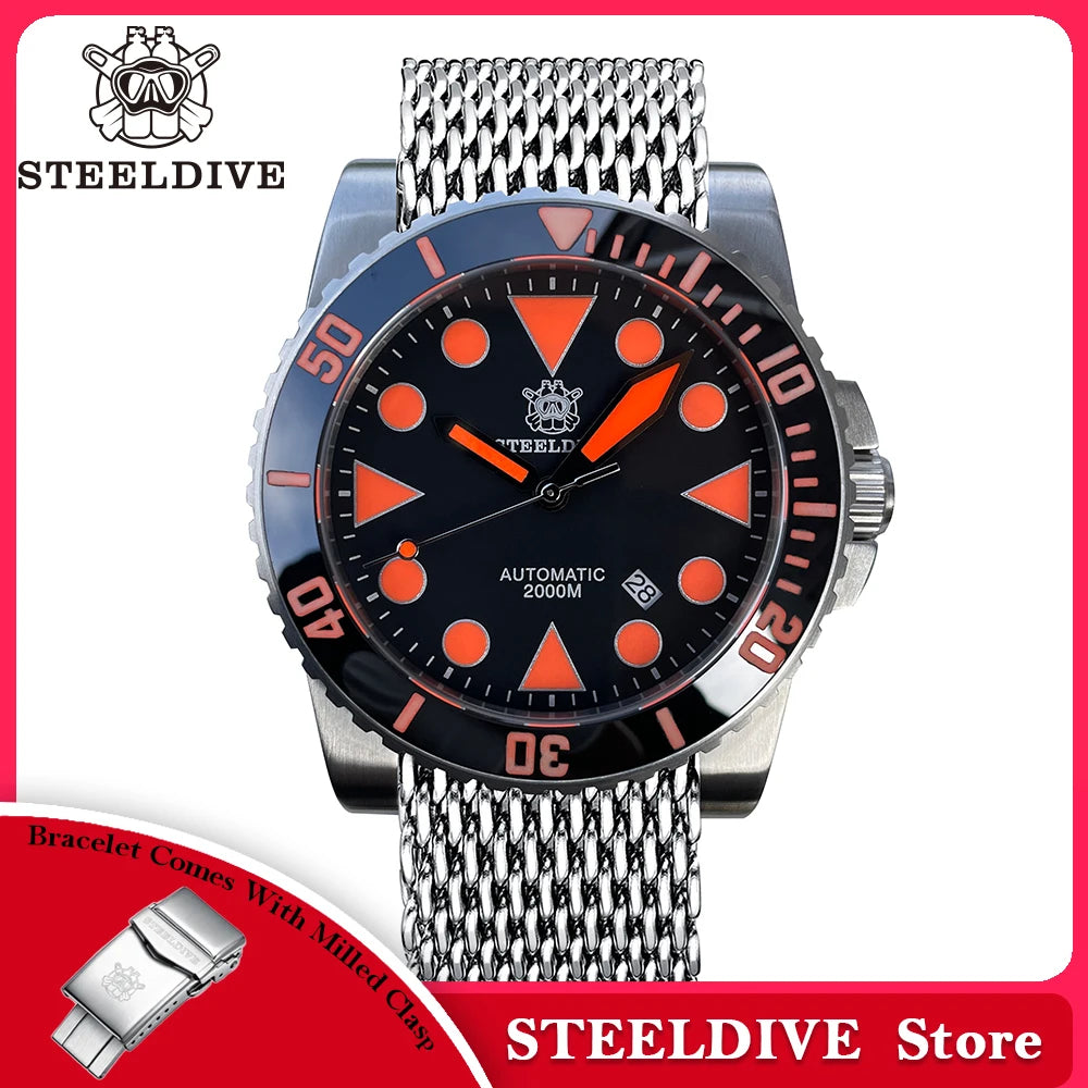 STEELDIVE SD1987 2000m 46.5mm Waterproof Diver's Watch with Sapphire Case Super Orange Glow Mechanical Movement Watches for Men