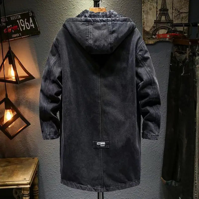 Winter Men's Long Jeans Jacket Fleece Lined Thick Thermal Cargo Denim Windbreaker Hooded Loose Fit Coat Outerwear For Male 5XL