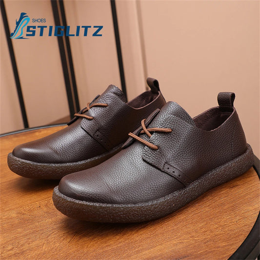Solid Color Cowhide Lace Up Oxford Shoes for Men Non-Slip Soft Sole High Quality Men's Genuine Leather Shoes Flat Casual Shoes