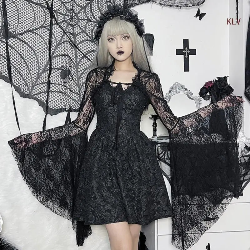Women's Long Sleeve Crop Tops Blouses Shirt Top Punk Shrugs Cardigan Lace Mesh Crop Top Cosplay Outfits Streetwear