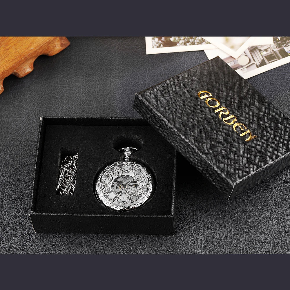Retro Mechanical Pocket Watch Red Cross Hand-winding Silver Edelweiss Sculpture Hollow Vintage Skeleton Watches Men FOB Chain