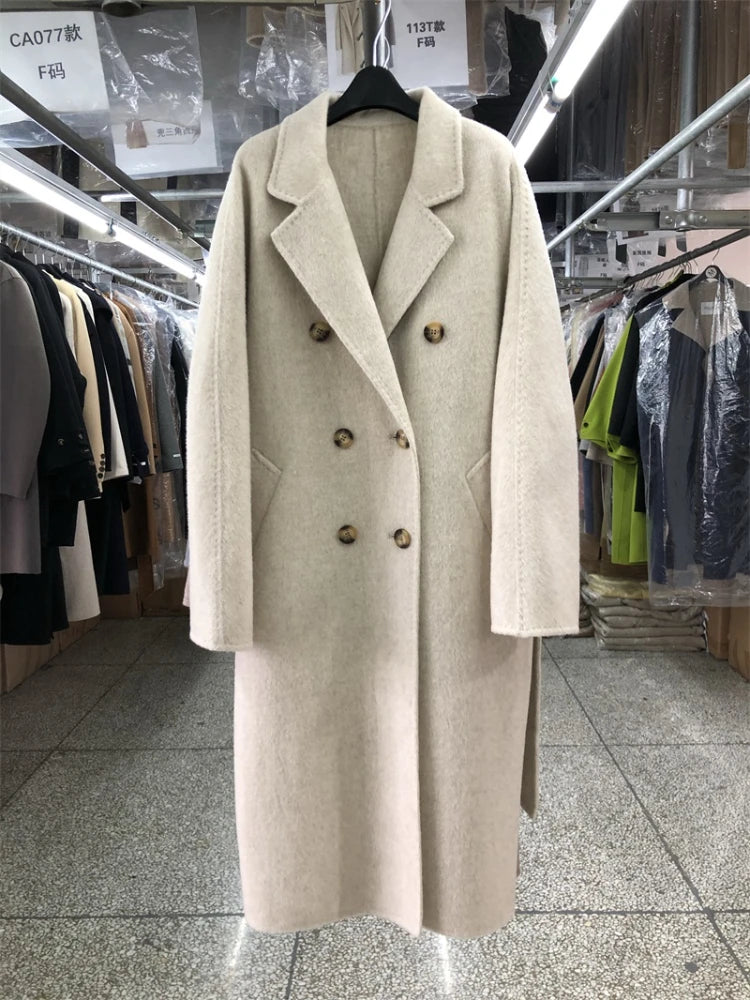 High-end 100% Wool Double-sided Coat Long Women Loose Double-breasted Long Sleeve Lace-up Solid Real Wool Jacket Autumn Winter