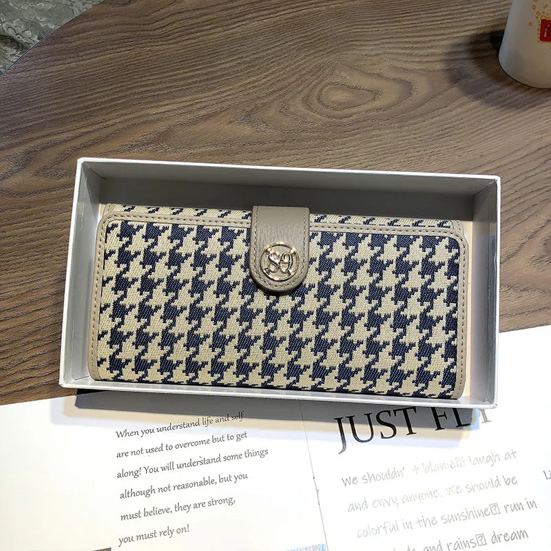 2024 New Genuine Leather Women Wallets Houndstooth Embroidery Long Wallet Excellent Cowhide Billfold For Cell Phone Clutch Bags