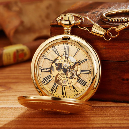 Vintage Luxury Gold Carving Automatic Mechanical  Pocket Watch for Men Engraved Golden Case Fob Chain Clock for Collection