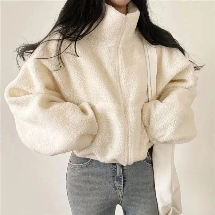 Women's Short Zipper Hoodie Thickened Stand Collar Lamb Velvet Jacket Loose Fit Autumn Winter Casual Style Outerwear