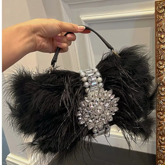 Luxury Ostrich Feather Handbags Diamond Bag Pearl Evening Bags For Women Shoulder Crossbody Bag Party Purse Wedding Clutch