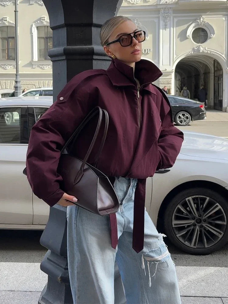 Women Solid Color Bomber Short Jacket High Collar Pocket Zipper Full Sleeve Coats Lady 2025 New Winter Fashion Highstreet Wear