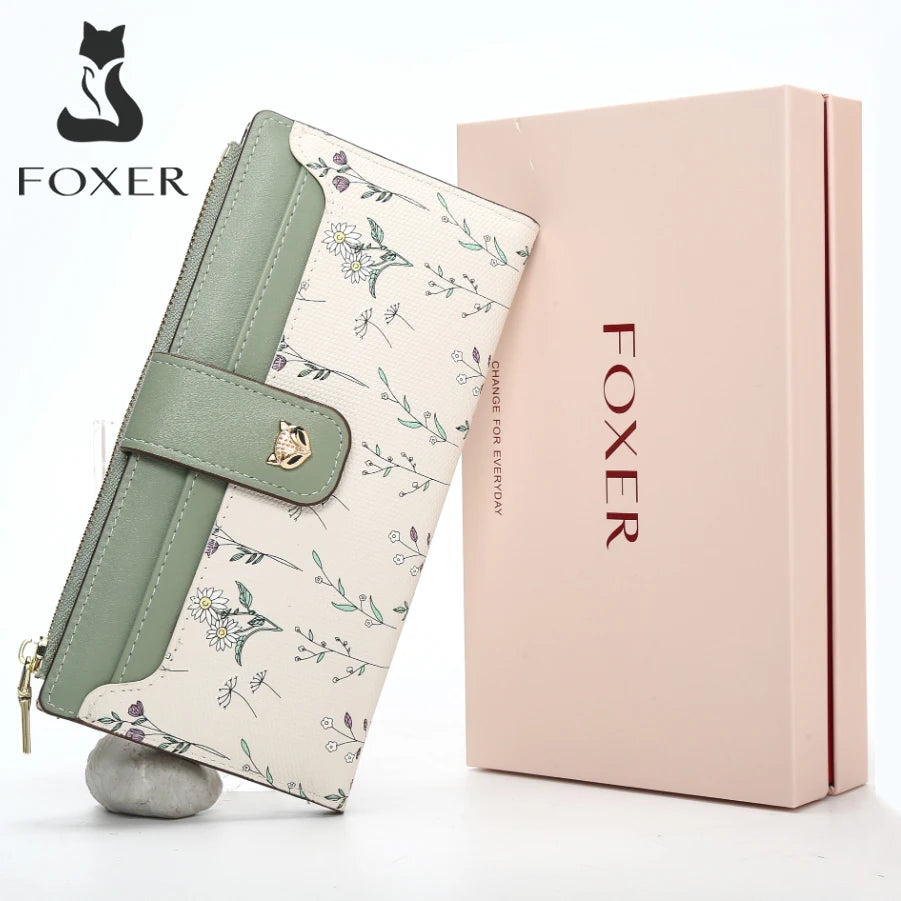FOXER New Women's Long Wallet Fashion Multi-card Clutch Slot Card Holder Signature Versatile PU Floral Wallet Zipper Coin Purse