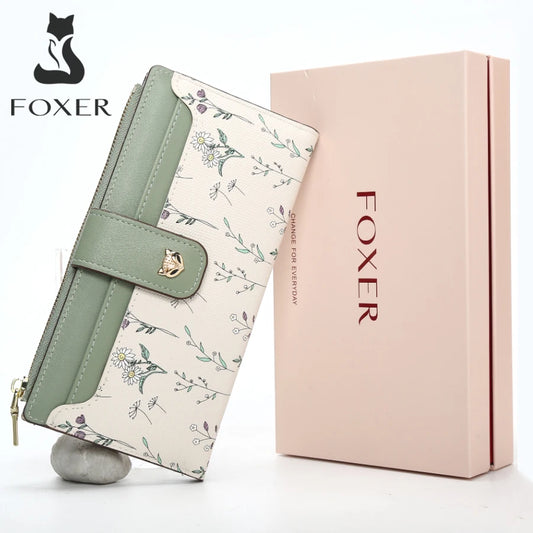 FOXER New Women's Long Wallet Fashion Multi-card Clutch Slot Card Holder Signature Versatile PU Floral Wallet Zipper Coin Purse