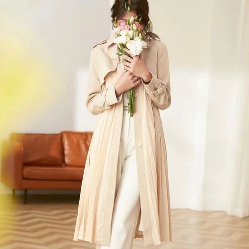 Ladies New 2023 Spring High-End Commuter Blue Trench Coat for Women Fashion Stitching Pleated Hem Loose Elegant Long Trench