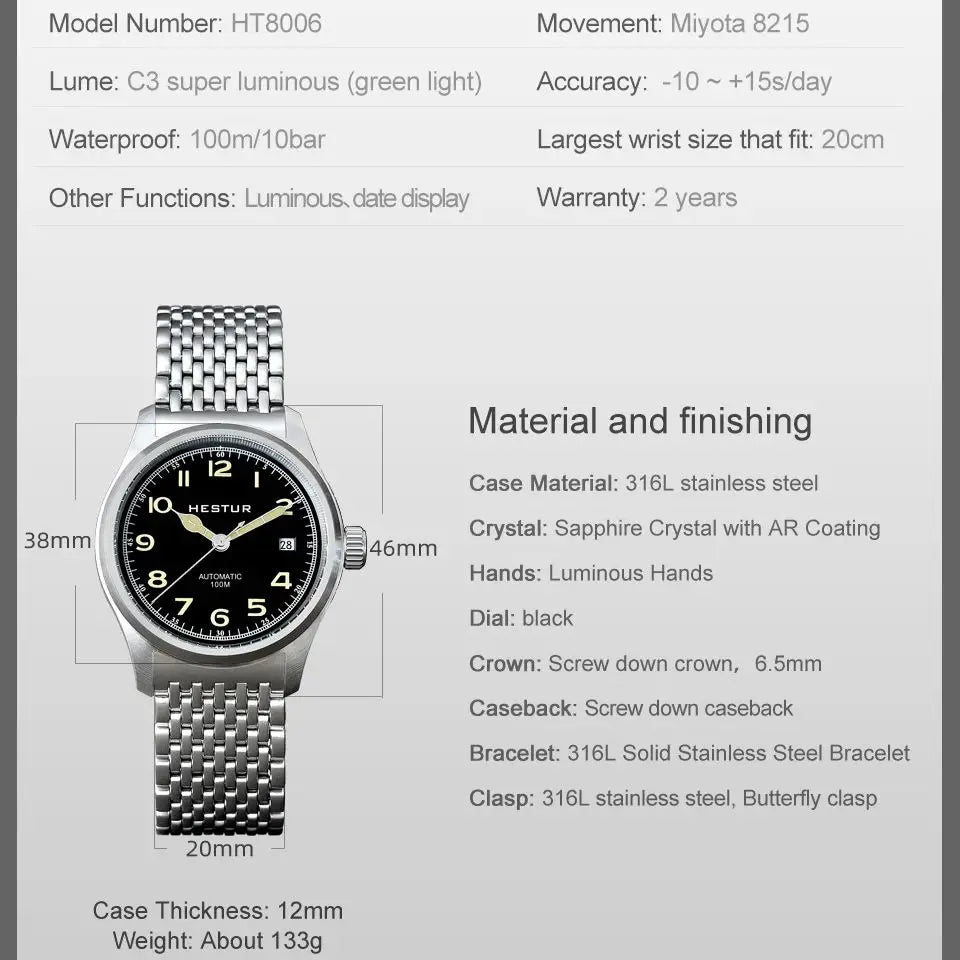 Automatic Mechanical Watch Pilot Men's 38mm Minimalist Style Custom Dial Calendar Super Luminous Murphy reloj hombre Miyota 8215
