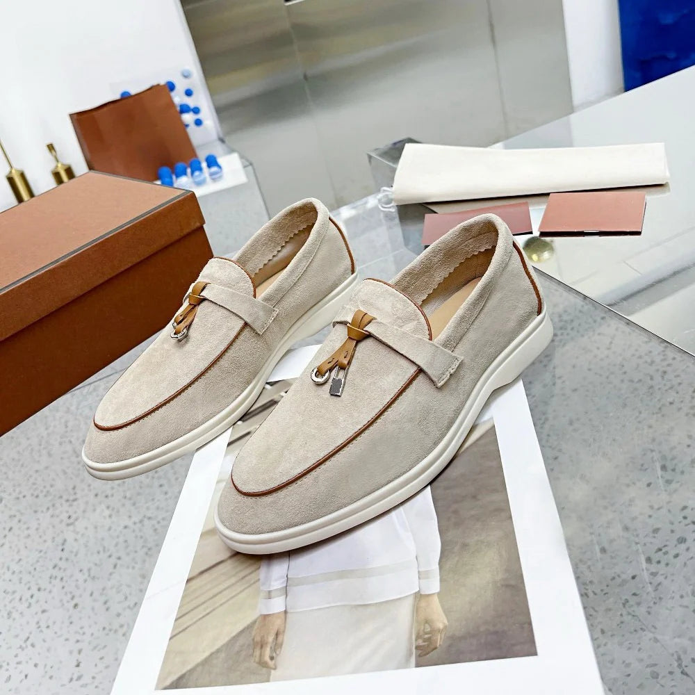 2025 Men's Flat Loafer Summer Top Quality Suede Leather Tassel Metal Buckle Pink Slipper Mules Comfortable Slip on Shoes