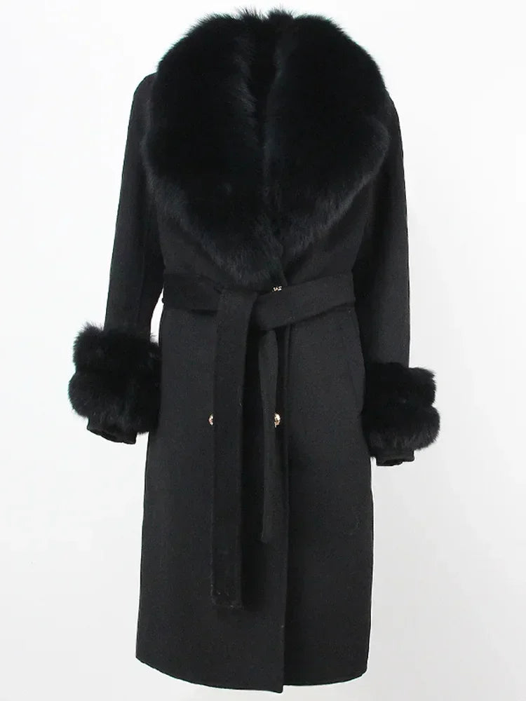 2024 Winter Jacket Women Long Natural Wool Blends Cashmere Real Fur Coat Double Breasted Belt Warm Wool Streetwear New Fashion