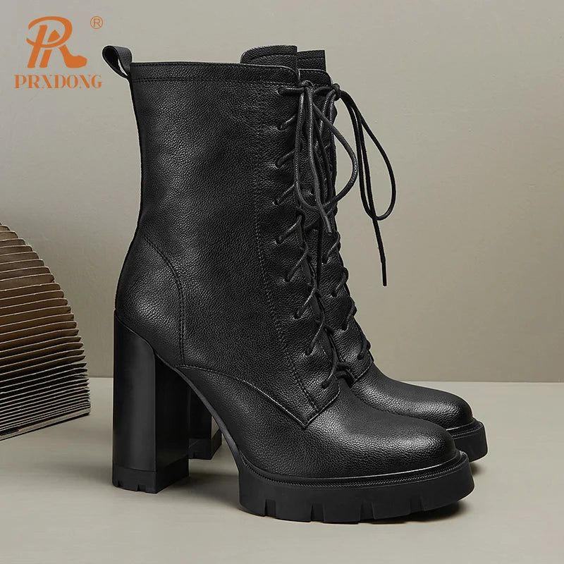 PRXDONG Women's Shoes New Brand Genuine Cow Leather Square High Heels PLatform Shoes Woman Ankle Boots Black Brown Retro Autumn