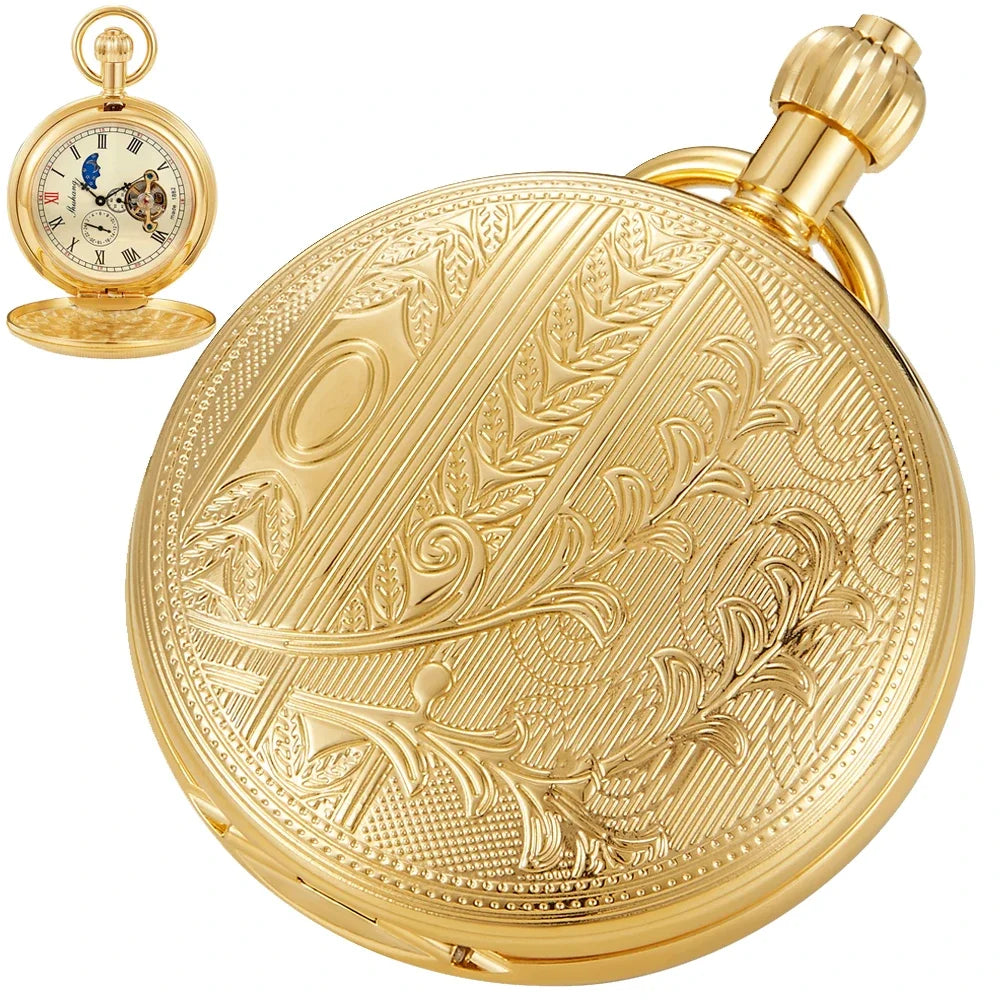 Golden Copper Mechanical Self-Wind Men's Pocket Watch Antique Gift Moon phase Roman Numerals Dial Fob Chain Pendant Timepiece